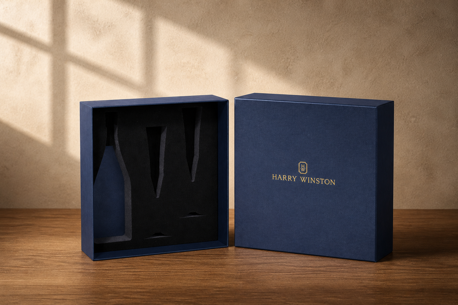 An open navy blue box with black interior and gold lettering, displaying the words "Harry Winston," next to a closed navy blue box on a wooden surface with light shadows on a tan wall background.