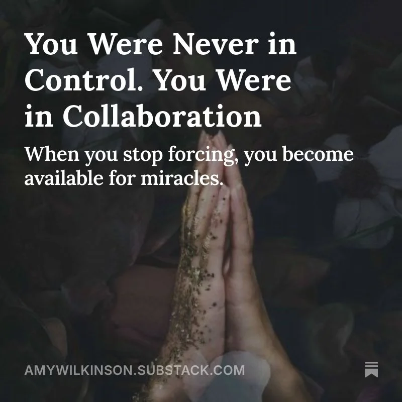 Text overlay on an image of hands pressed together in a prayer position with dark background. The text reads: "You Were Never in Control. You Were in Collaboration. When you stop forcing, you become available for miracles."