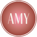 Text reading 'AMY' in pink and white gradient on a reddish background.