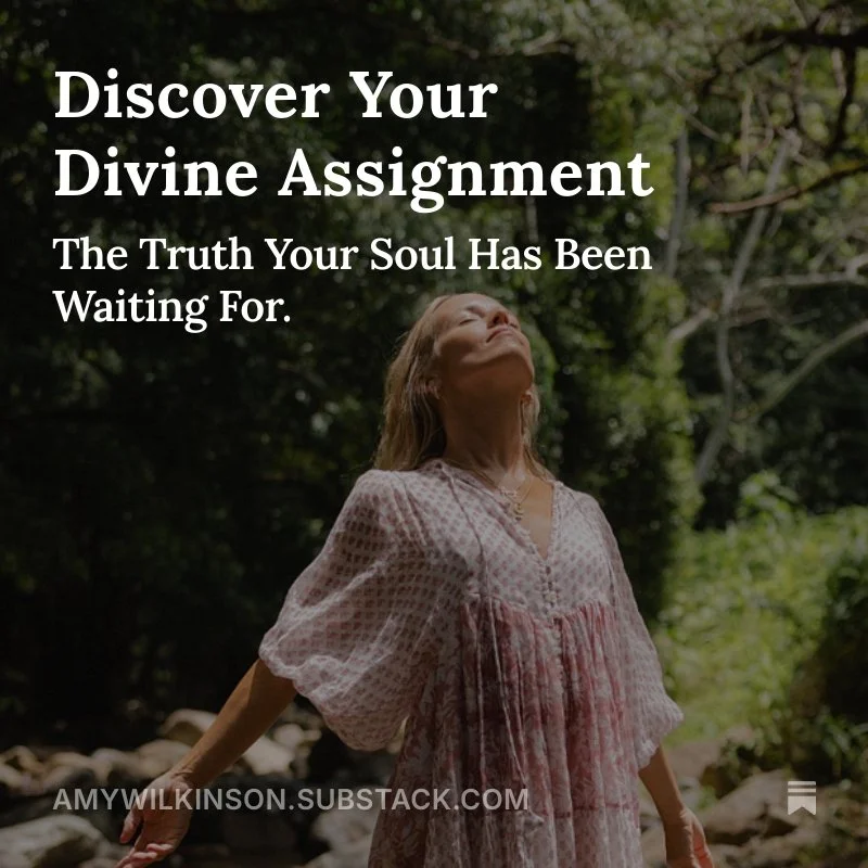 A woman standing outdoors in a forest, with her face tilted upward, appearing peaceful. Overlaid text reads: 'Discover Your Divine Assignment. The Truth Your Soul Has Been Waiting For.'