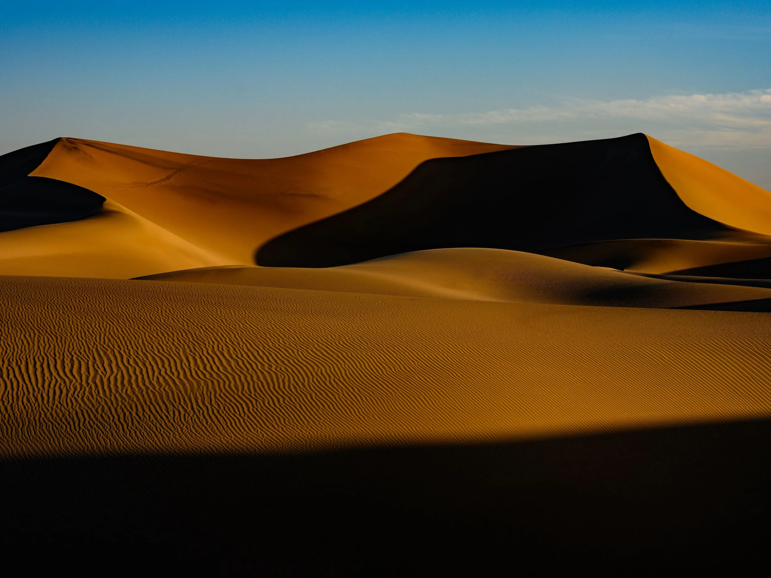 Sand dunes in a desert during sunrise with clear blue sky in the background.