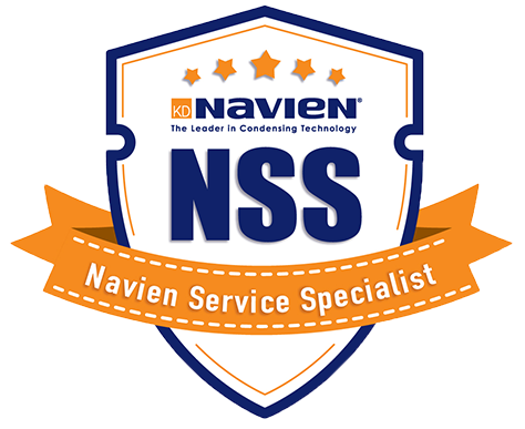 Navien NSS Service Specialist badge featuring a shield with stars, Navien logo, and orange banner.