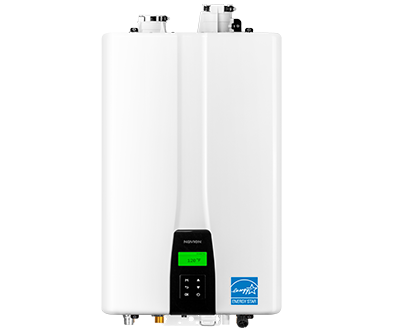 Close-up of a white tankless water heater with a digital display and control panel