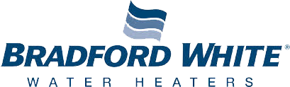Logo of Bradford White Water Heaters with blue text and a waving flag above
