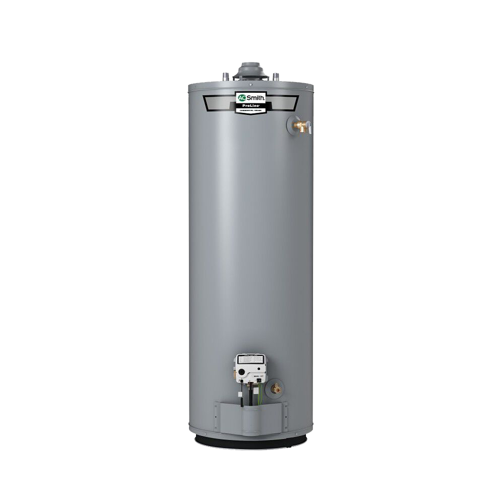A tall, cylindrical, gray water heater with a black top and a manufacturer's label on the front.