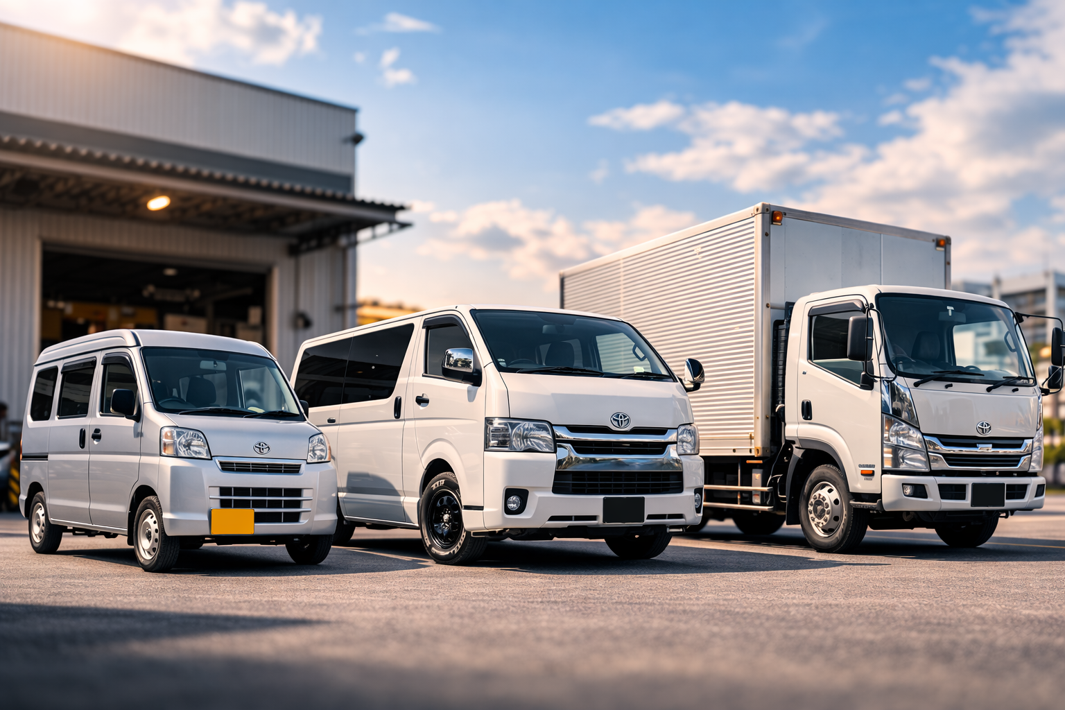 白色のトヨタの商用車3台が駐車している風景。背景は工場や倉庫の建物と青空と白い雲。