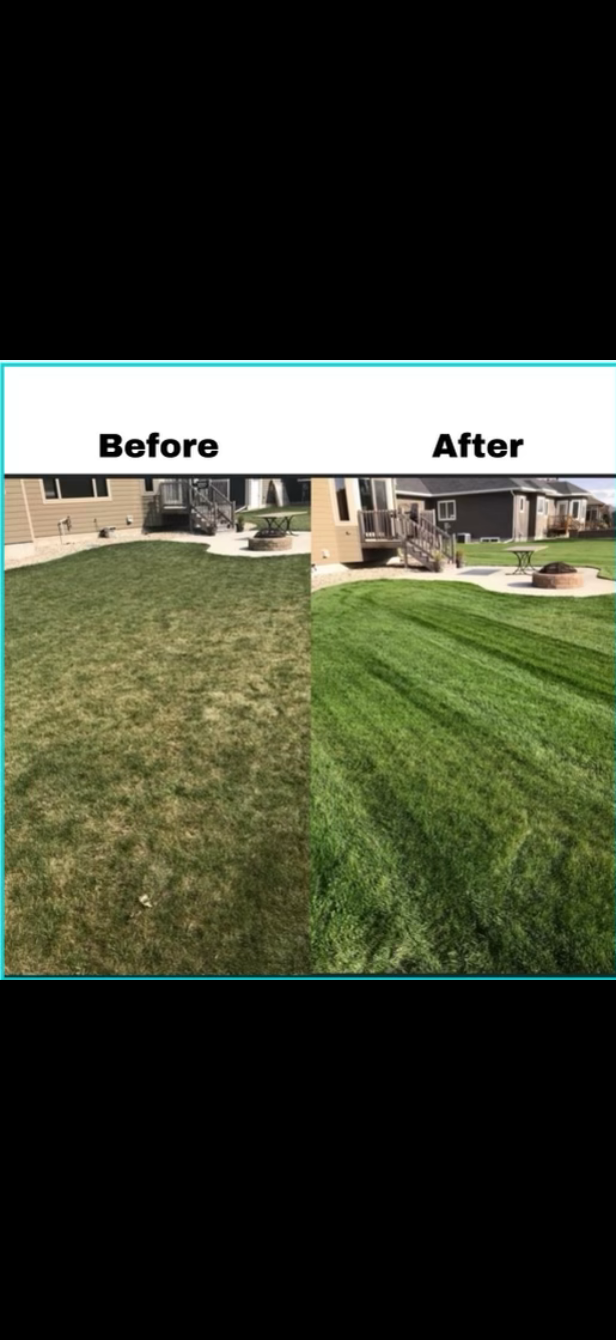 Before and after hydroseeding project in Watertown, SD showing transformation from patchy lawn to thick, healthy grass. Hydroseeding provides fast, even lawn growth for residential properties.
