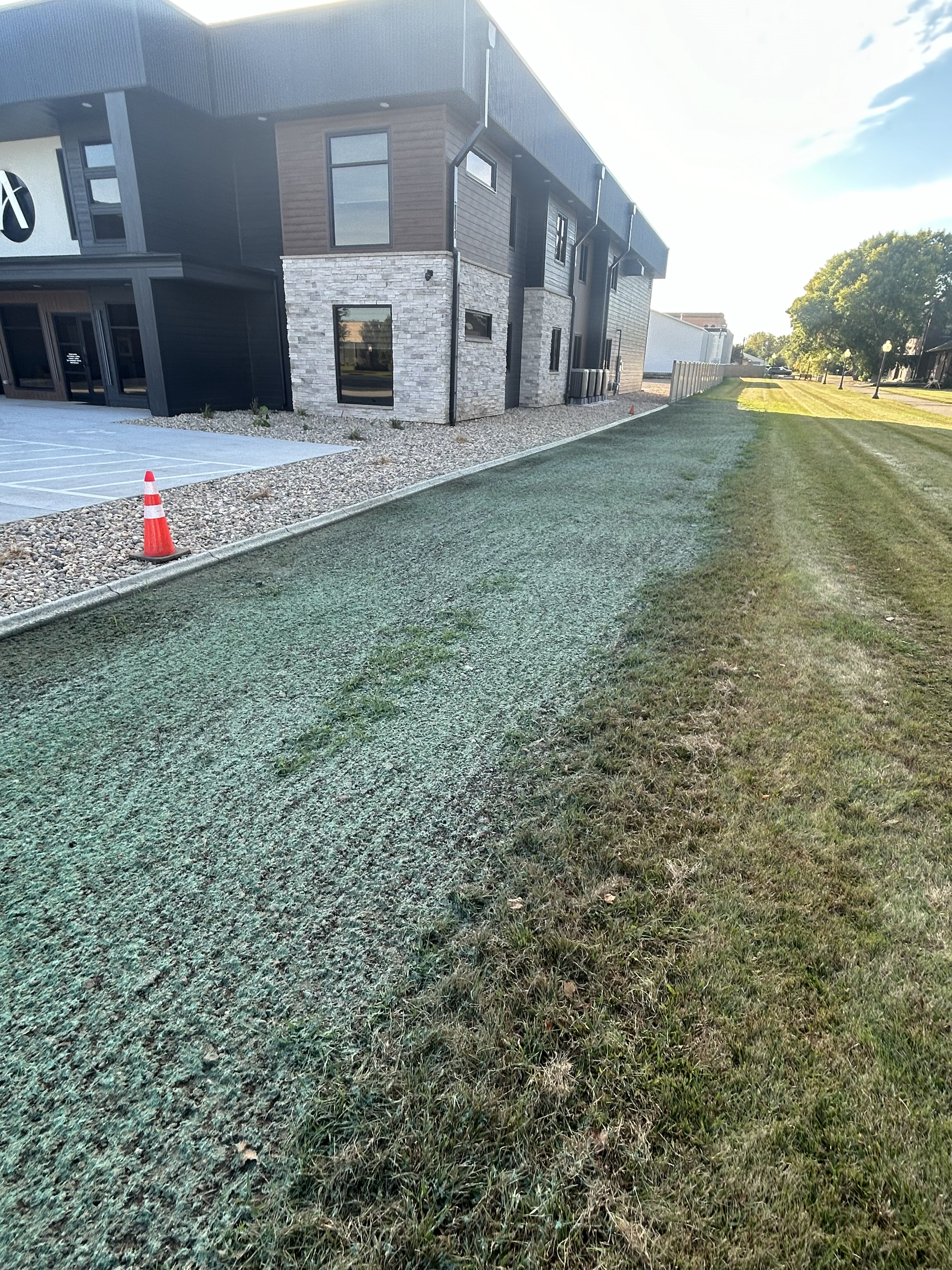 Hydroseeding application for new lawn installation in Watertown, SD. This project demonstrates even coverage and effective grass establishment for commercial properties and large areas.