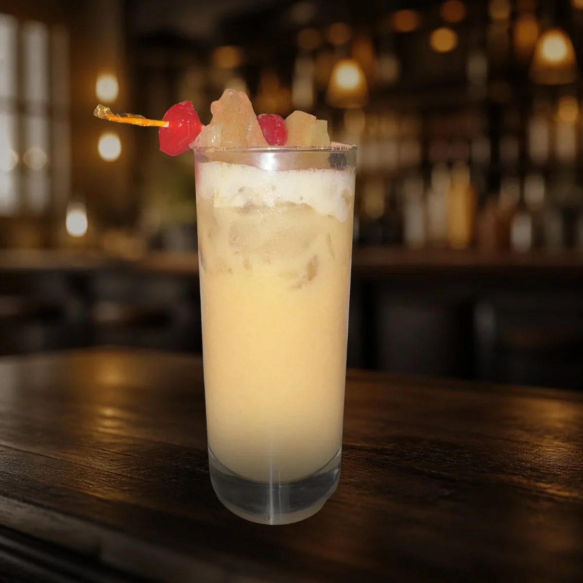 A mixed drink in a tall glass with a cherry garnish