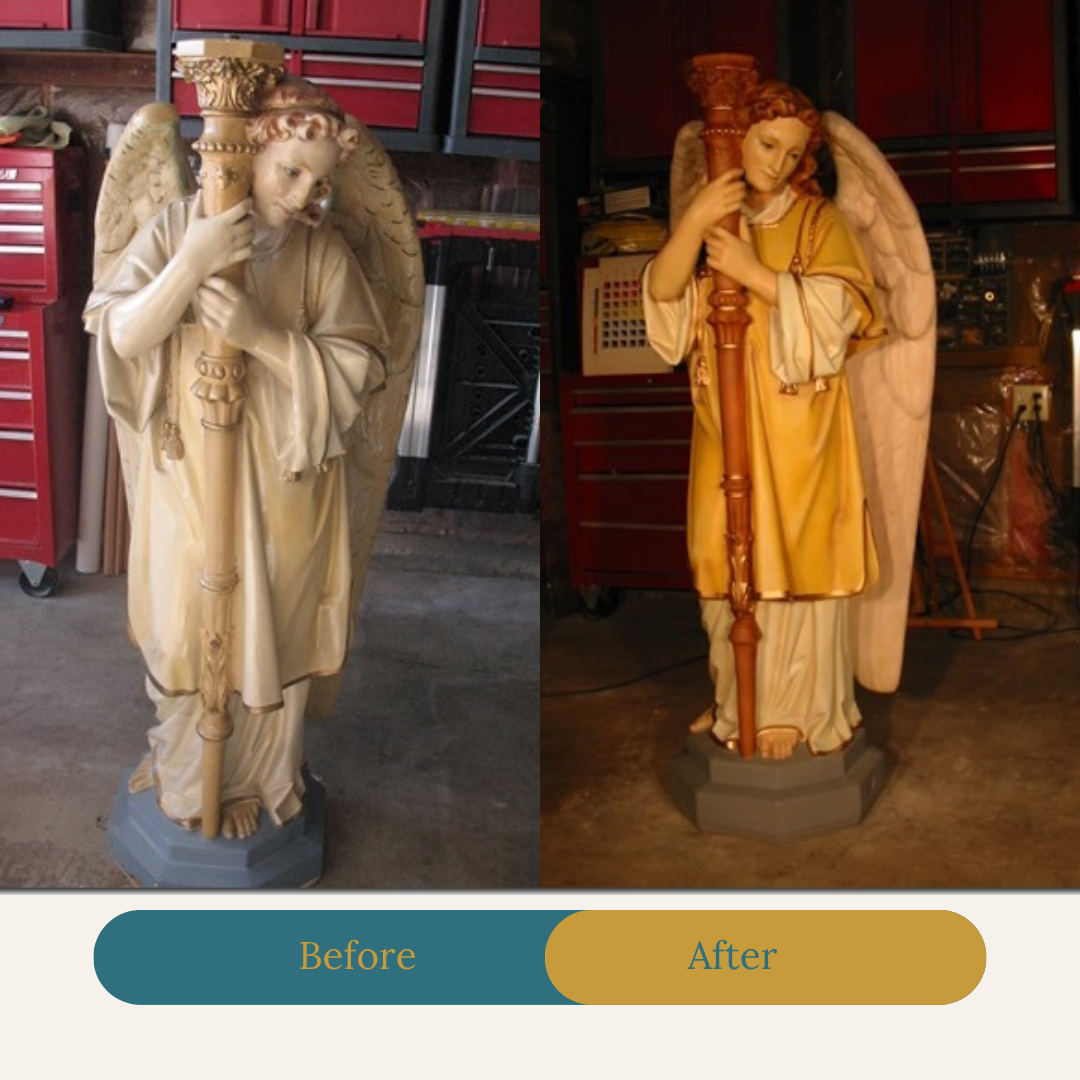 The image features two statues of angels, labeled 'Before' and 'After.' The 'Before' angel statue is light-colored with detailed carvings, holding a staff, and has chipped or damaged areas. The 'After' angel statue has been restored and painted in warm tones, holding a staff, with a more polished and vibrant appearance.