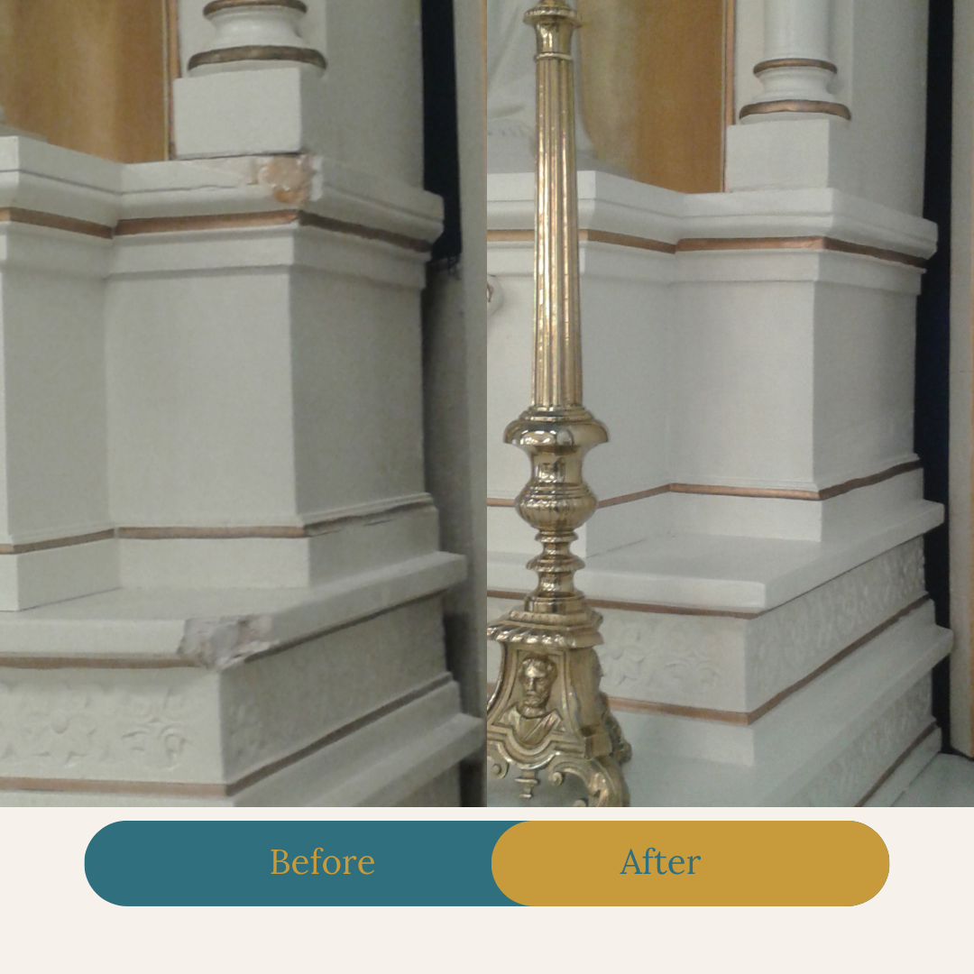 Comparison of a corner section of a white decorative architectural structure before and after cleaning or restoration, with a gold and white ornate lamp in the 'after' section.