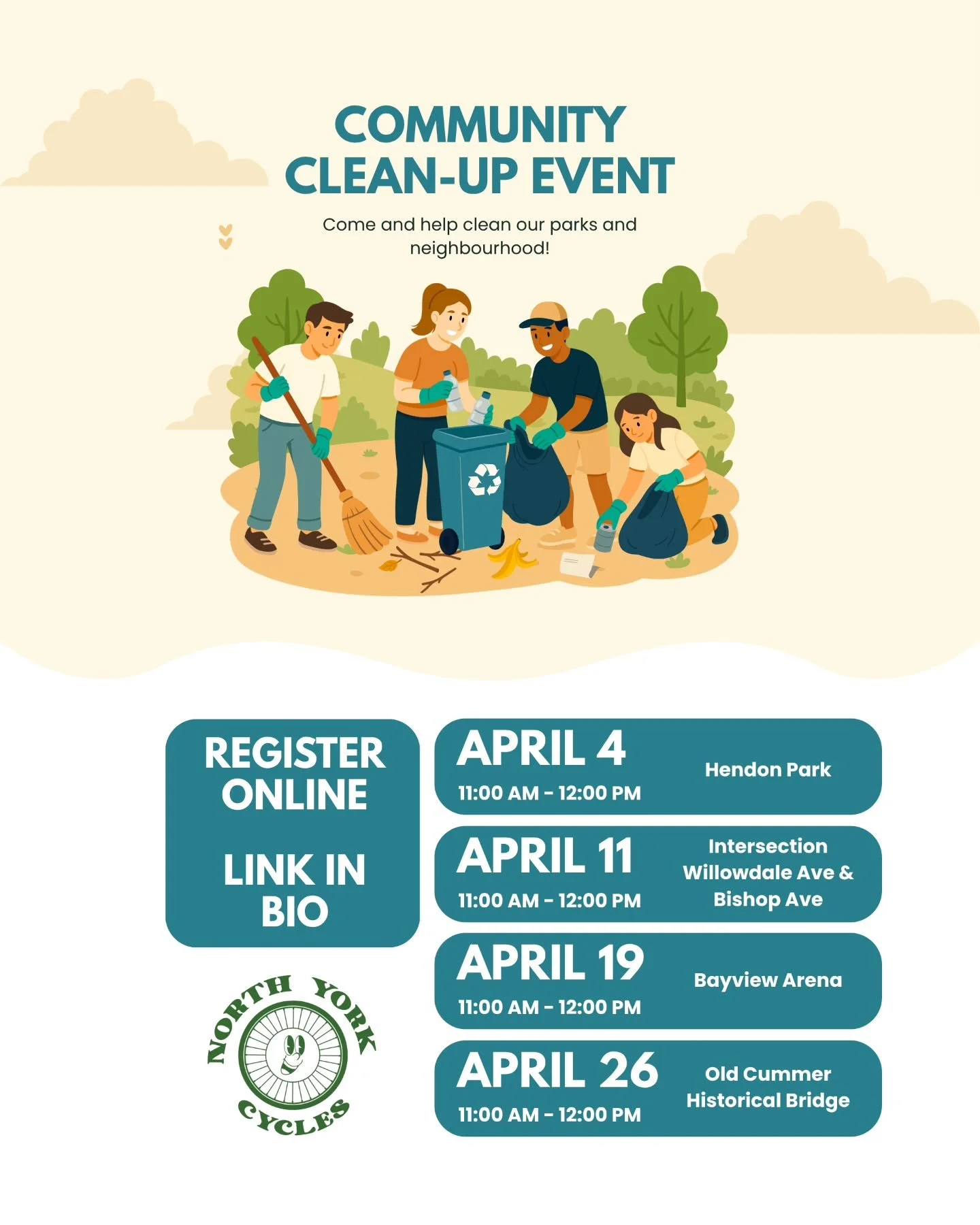 As the snow melts, spring presents the ugliness of litter that must be cleaned up. North York Cycles is excited to host community clean-up events along parts of the Finch Hydro Corridor on various dates, times, and locations.

Register to attend thro