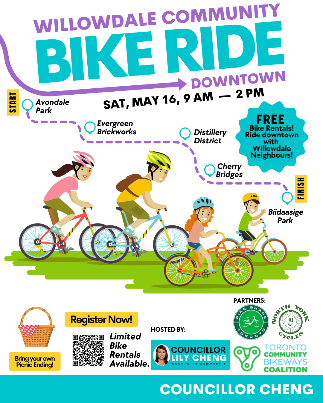 Flyer for Willowdale Community Bike Ride on Saturday, May 16, from 9 AM to 2 PM, starting at Avondale Park and ending at Biidaasige Park. Features illustrations of four children riding bikes, with a dotted purple trail marking the route passing through various districts. Highlights include free bike rentals and a note to bring a picnic. Hosted by Councillor Lily Cheng, with partners Toronto Shore Toronto, North York Cycles, and Toronto Community Bikeways Coalition.