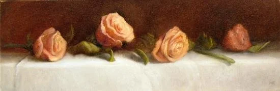 4 salmon roses / white cloth II - 8 by 24