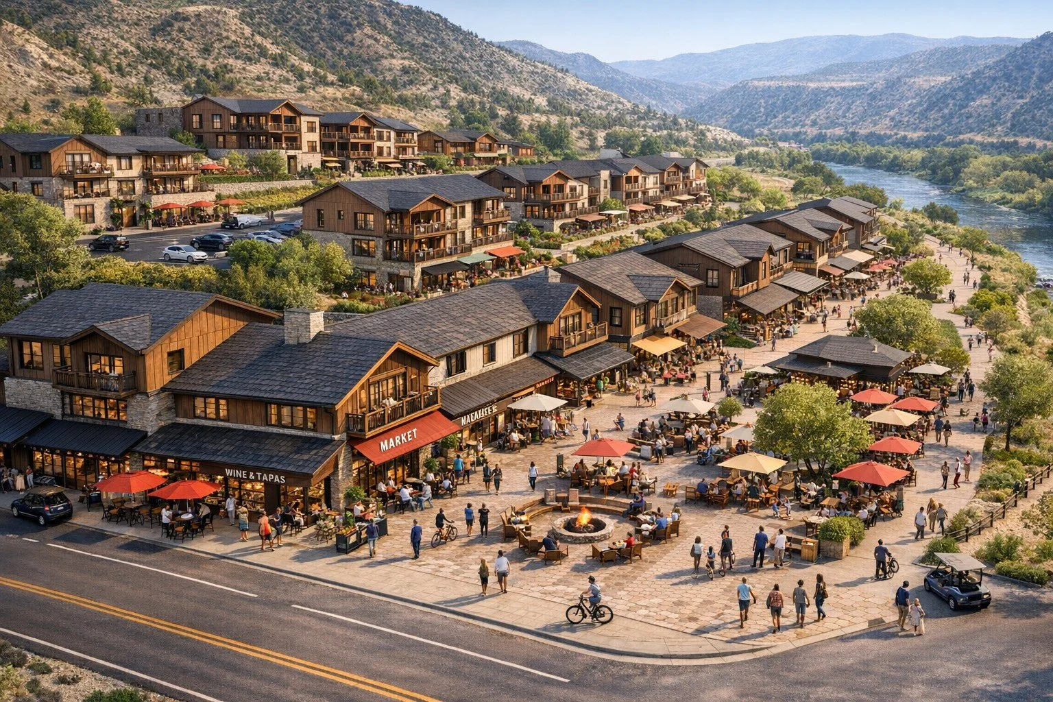 A picturesque outdoor shopping and dining area in a mountain valley by a river, with multiple small shops, cafes, and restaurants with outdoor seating, people walking, biking, and socializing, surrounded by trees and hillside homes.