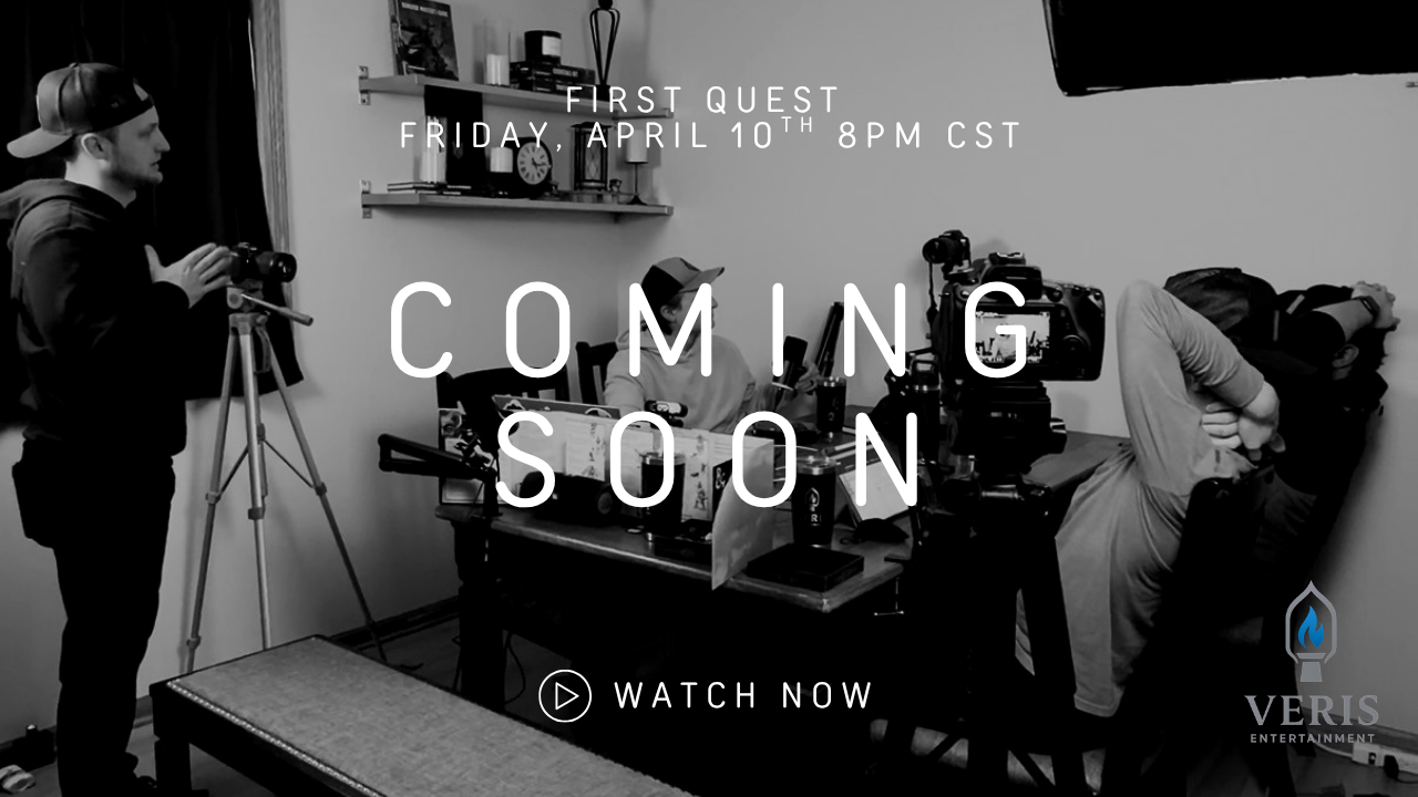 Black and white photo of three people in a room with filming equipment, one person standing with a camera on a tripod, another sitting at a desk wearing a hoodie, and a third reclining with arms crossed. Overlay text announces a coming event, first quest on April 10th at 8 PM CST, with a watch now button.