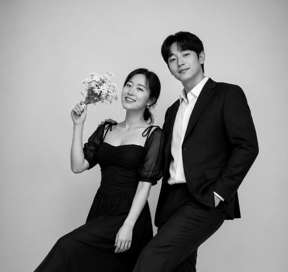 A black and white photo of a man and woman dressed formally, smiling, with the woman holding a bouquet of flowers.