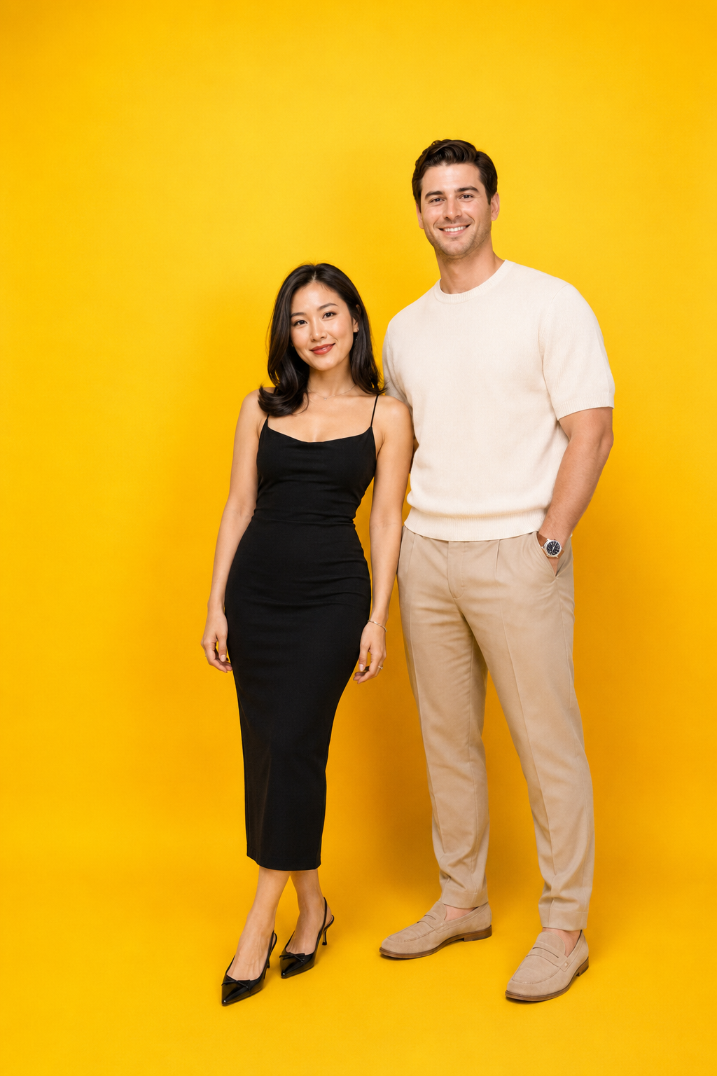 A young woman in a black dress and young man in a cream sweater and beige pants standing against a bright yellow background.