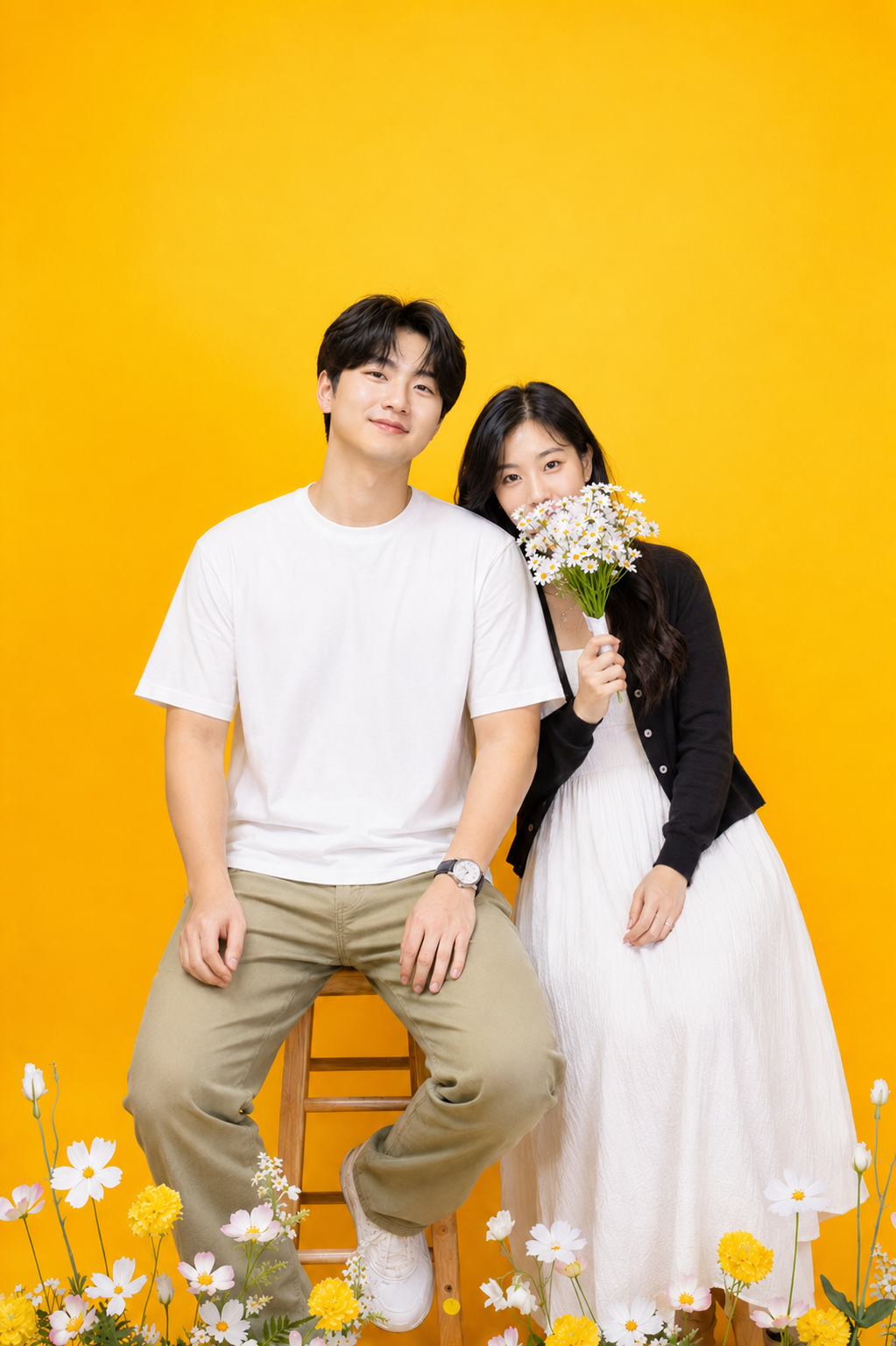 A young man and woman posing together against a bright yellow background, with the woman holding a bouquet of daisies and the man sitting on a wooden stool surrounded by colorful flowers.
