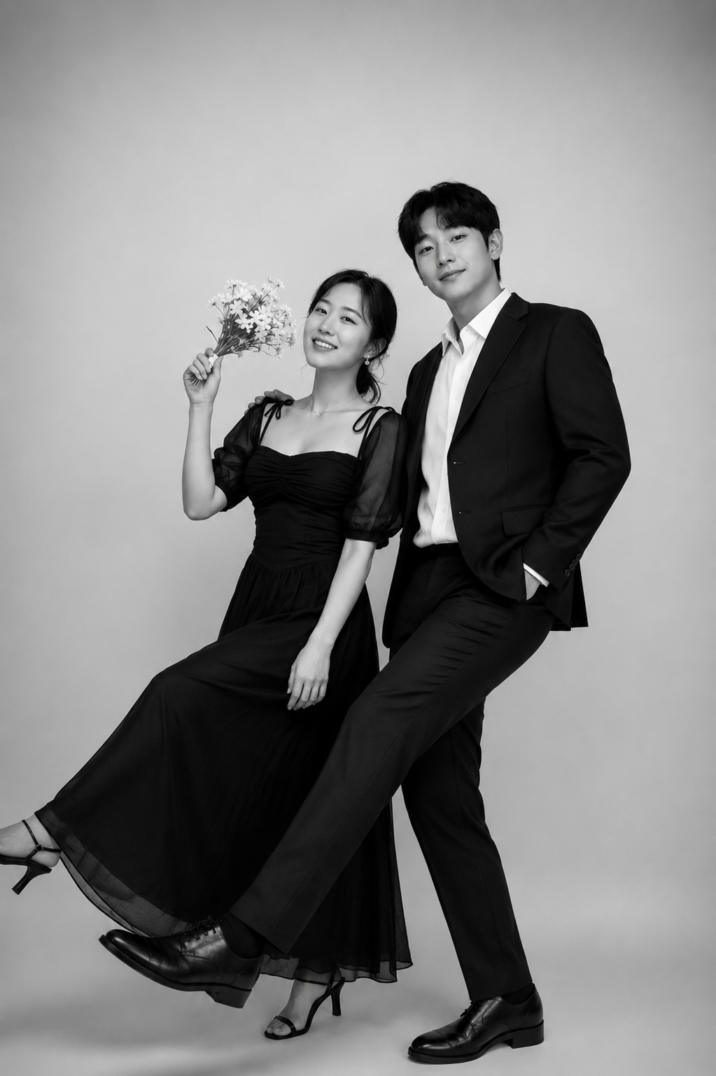 Black and white photo of a man and woman dressed elegantly. The woman is holding a small bouquet of flowers, wearing a long dress with puffed sleeves, and sitting with one leg crossed over the other. The man is standing beside her, wearing a suit with an open-collared shirt, and has one hand in his pocket.