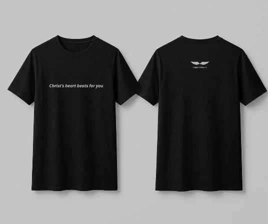 Front and back of a black t-shirt reading Christ's heart beats for you