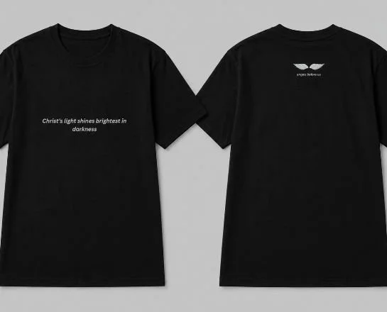 Front and back of a black t-shirt reading Christ's light shines brightest in darkness