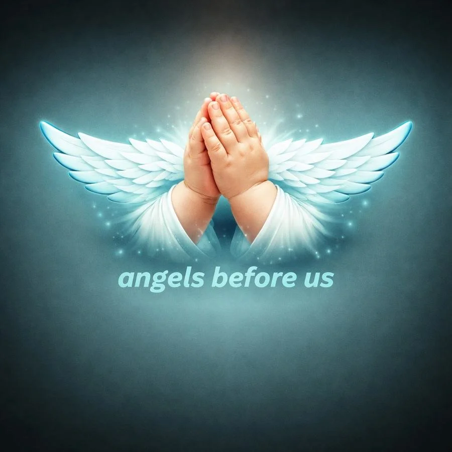 A baby's hands folded in prayer between glowing angel wings