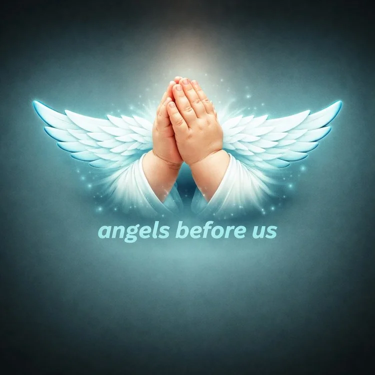 A baby's hands folded in prayer between glowing angel wings