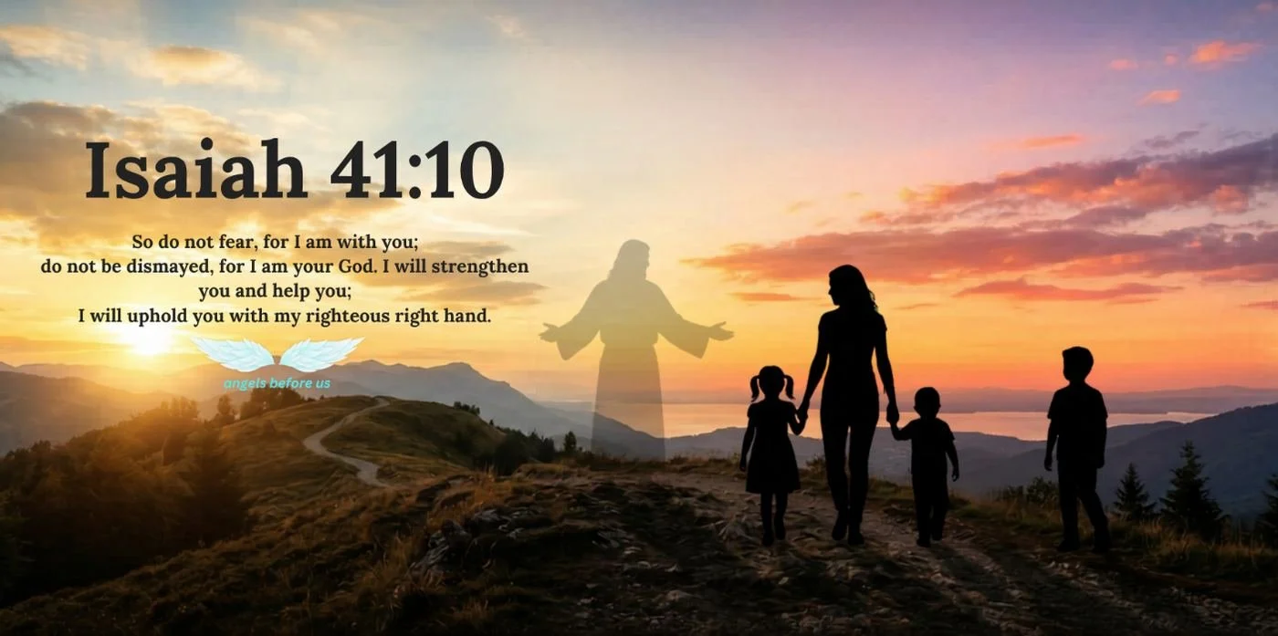 Isaiah 41:10: So do not fear, for I am with you; do not be dismayed, for I am your God. I will strengthen you and help you; I will uphold you with my righteous right hand. A mother and her children walk a hillside path at sunset while Jesus stands with open arms.