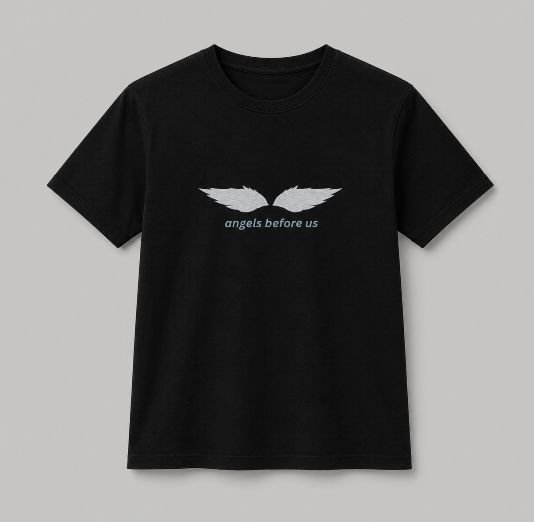 Black t-shirt with the Angels Before Us wing design