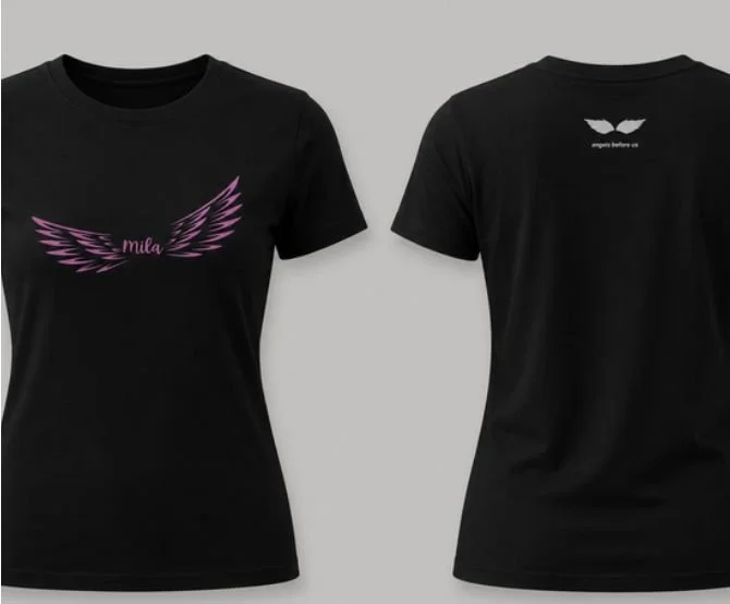 Front and back of a fitted black t-shirt with pink wings around the name Mila