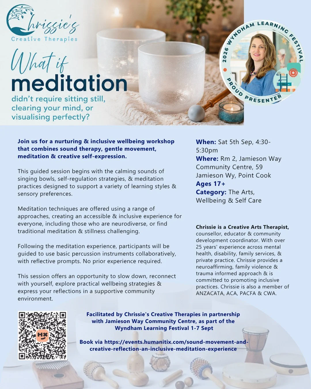 What if meditation didn't require sitting still or clearing your mind?

Discover a different approach to wellbeing through sound therapy, gentle movement, meditation and creative reflection in a welcoming, inclusive environment.

This workshop is des