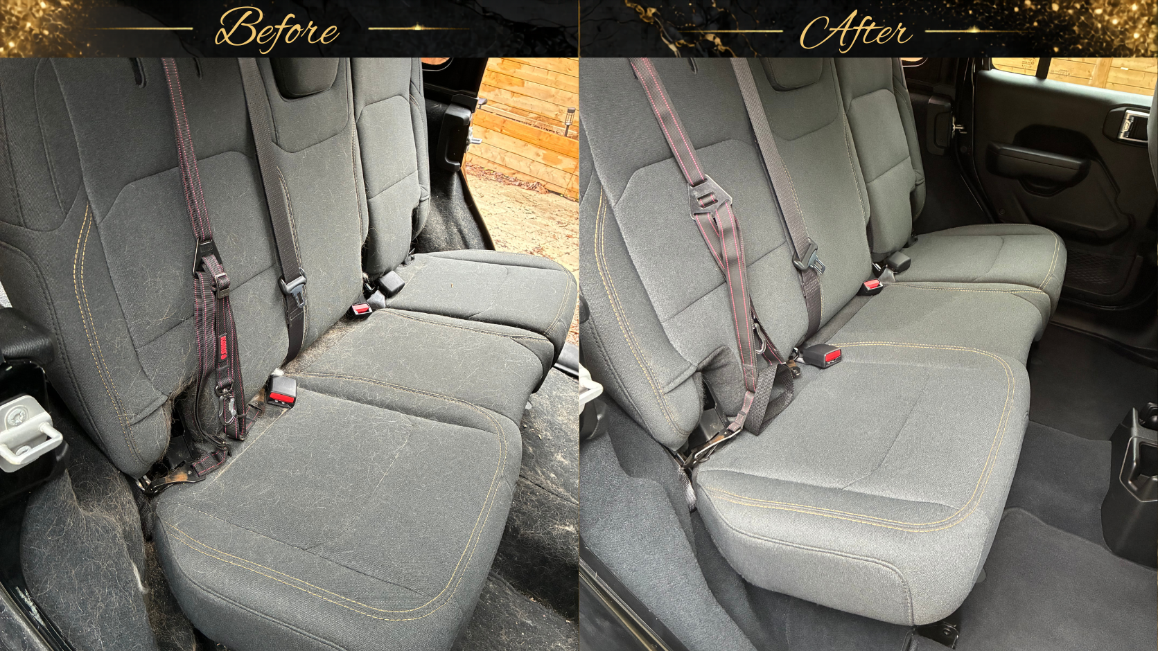 Comparison of car back seats before and after cleaning. The "Before" side shows dirty, dusty upholstery with lint and debris, while the "After" side shows the seats cleaned, with a fresh, spotless appearance.