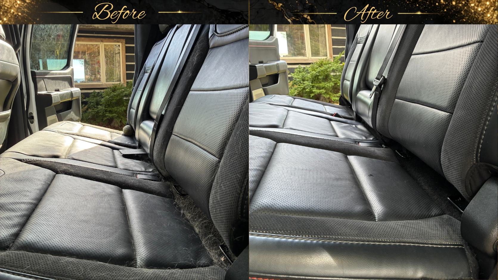 Side-by-side comparison of car seats before and after cleaning. The left side shows seats with visible dirt, stains, and hair, while the right side shows clean, spotless seats.