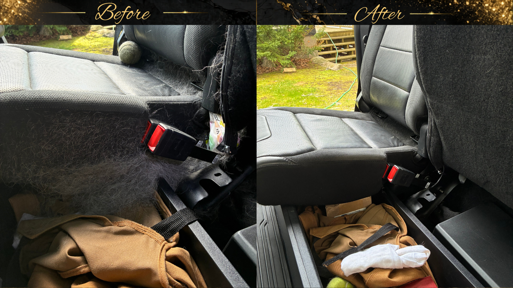 Side-by-side comparison of a vehicle's back seat: on the left, the seat and floor are cluttered with pet hair, dirt, and a ball; on the right, the seat and floor are clean, with no pet hair or debris.