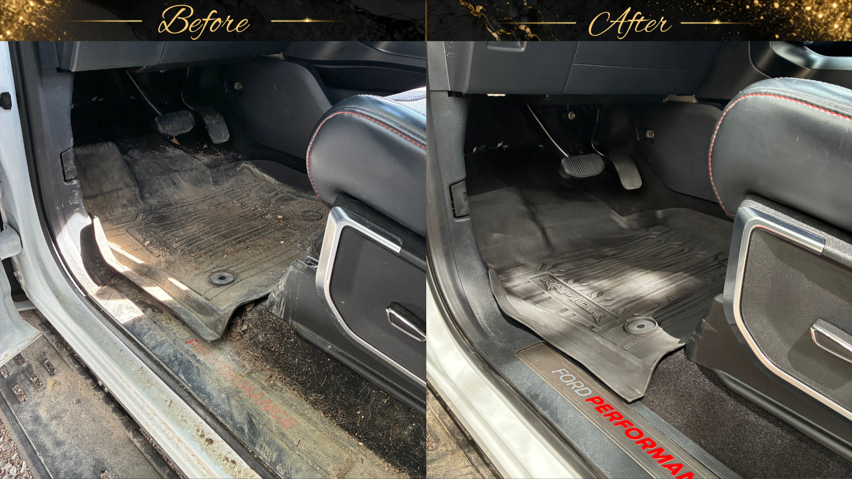 Comparison of a car interior before (left) and after (right) cleaning, showing cleaner floor mats and interior.