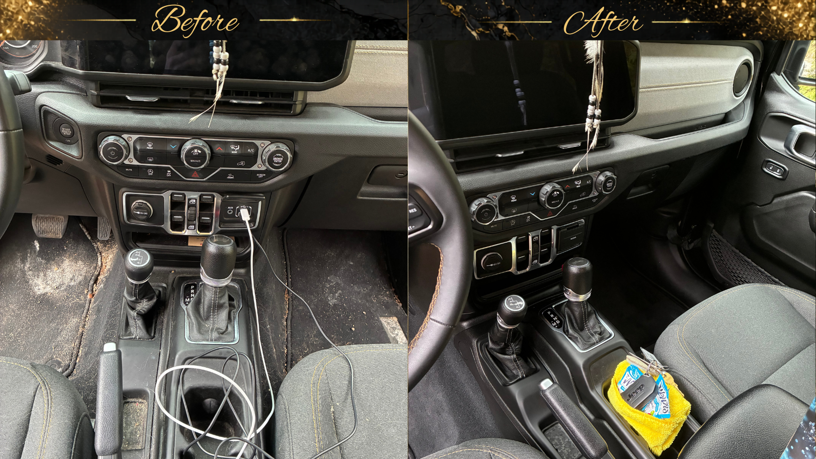 Side-by-side comparison of a vehicle interior before and after cleaning, showing a dirty, cluttered dashboard and floor on the left, and a clean, organized dashboard and center console on the right.