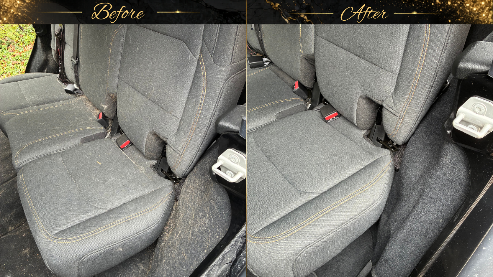 Side-by-side images of car back seats, showing before and after cleaning. The 'before' seat is dirty with visible dirt and debris, while the 'after' seat is clean with no visible dirt.