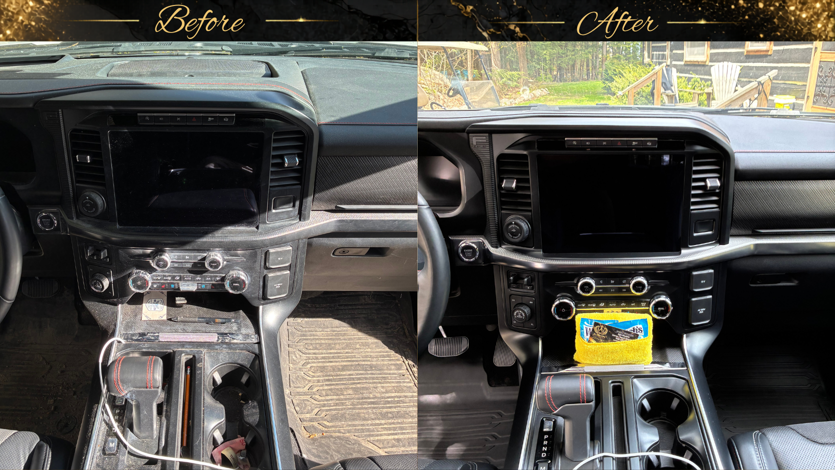 Side-by-side comparison of a vehicle's interior dashboard before and after cleaning. The before image shows dust, dirt, and clutter, while the after image displays a clean, organized dashboard with a yellow cleaning cloth in the cup holder.