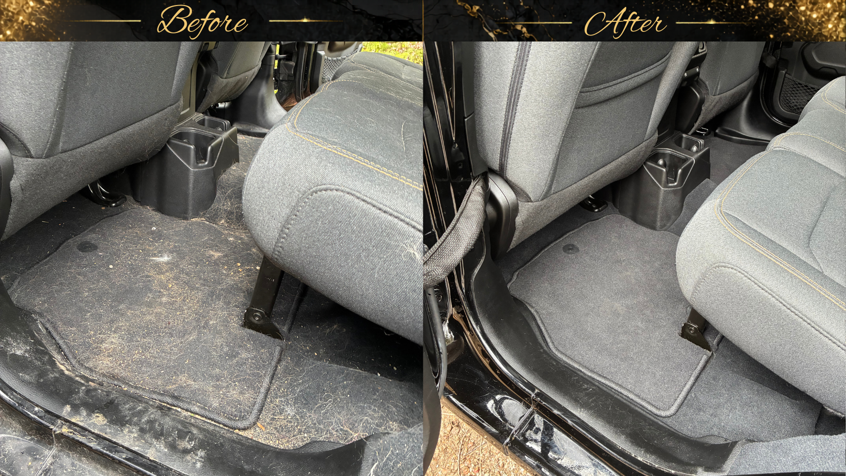 Comparison of car interior before and after cleaning; dirty, dusty, and muddy car floor mat in the 'before' image, clean and vacuumed floor in the 'after' image.