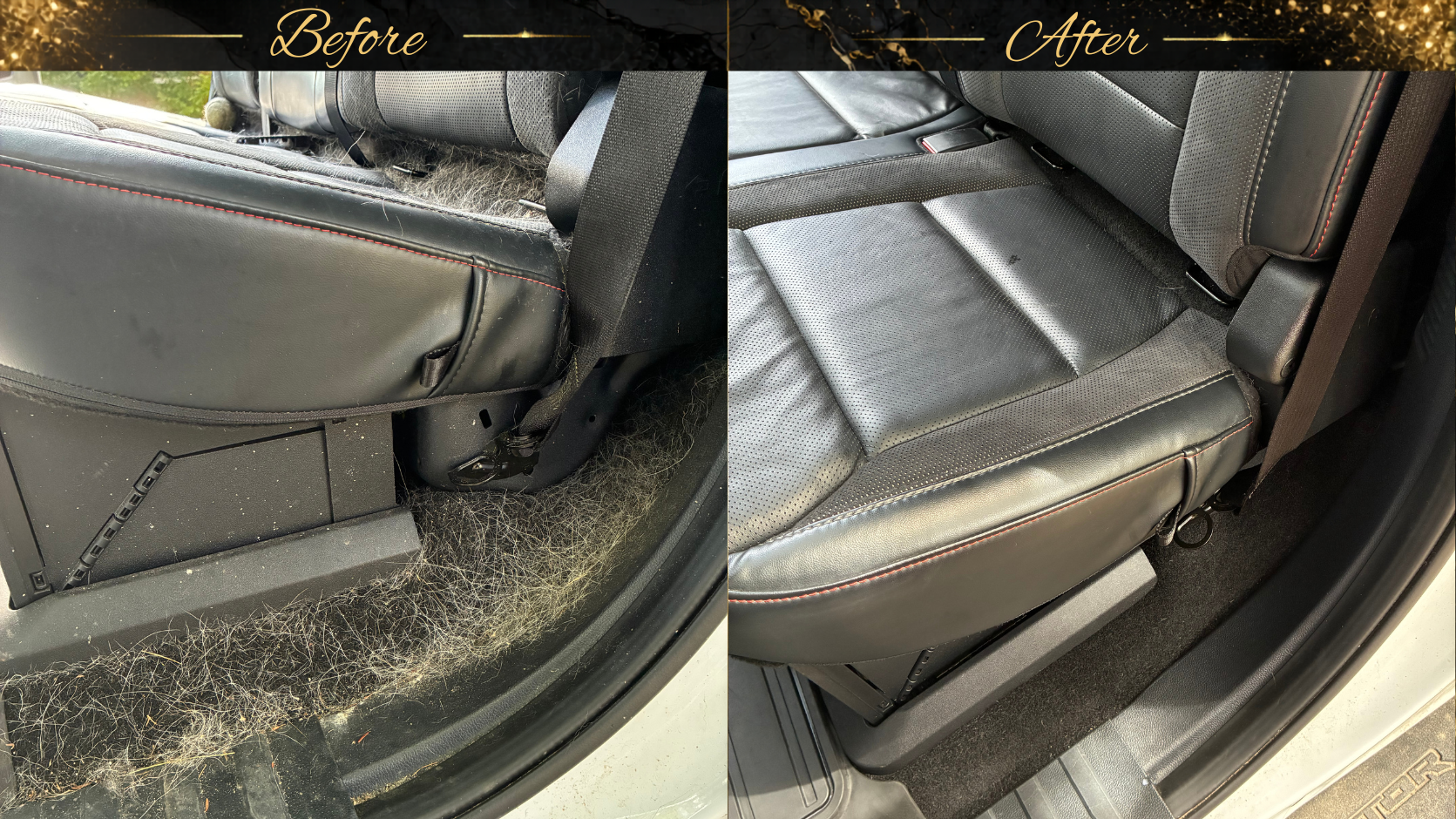 Comparison of car back seats: left side shows a dirty, hair-covered seat with dust and debris; right side shows a clean, well-maintained seat with leather upholstery and red stitching.