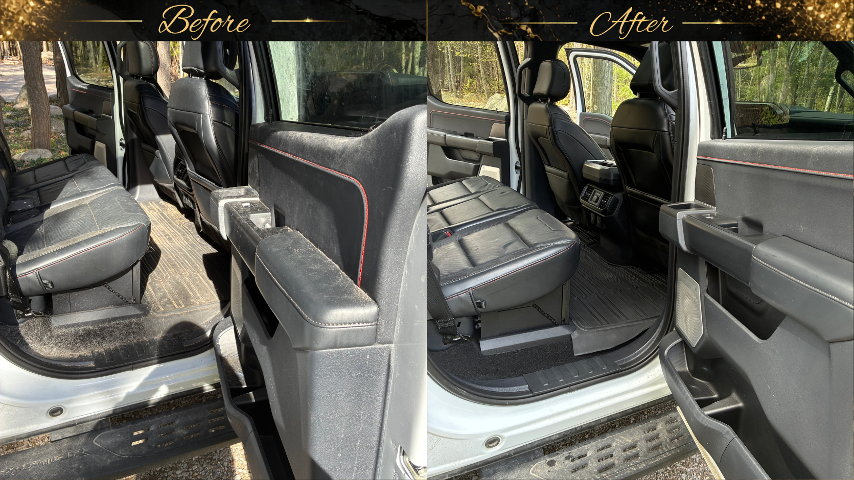 Comparison of the interior of a vehicle before and after cleaning, showing improved cleanliness and organization in the second image.