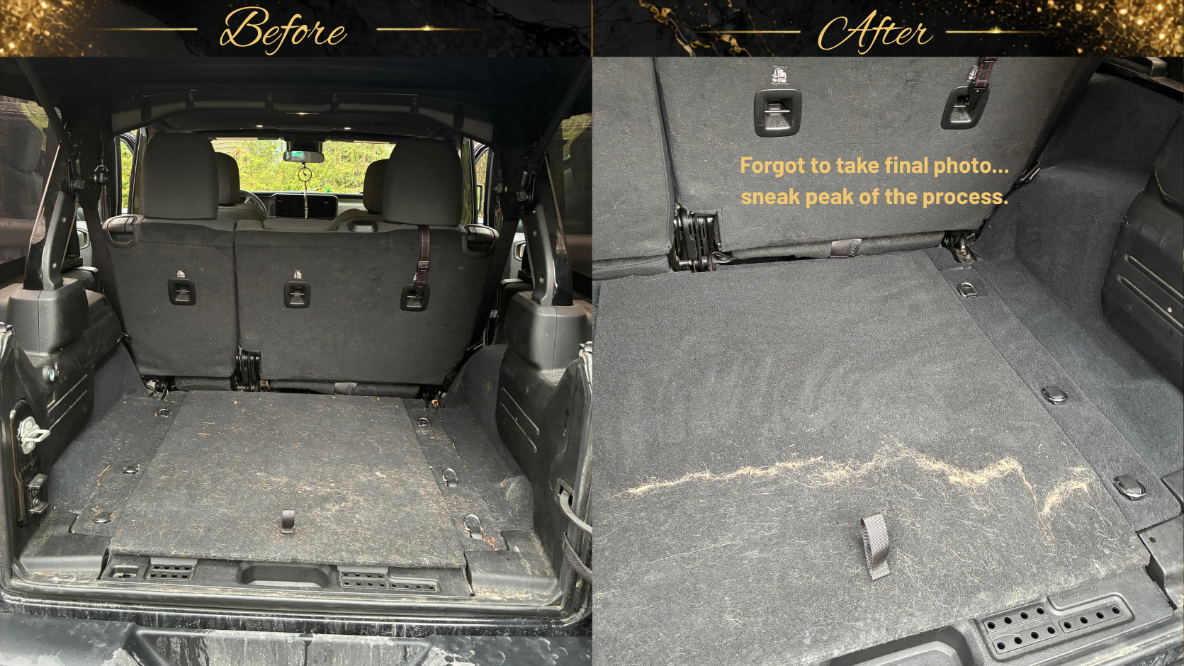 Comparison of the cargo area of an SUV before and after cleaning, showing a dusty, dirty space on the left and a clean, vacuumed space with a note about missing the final photo