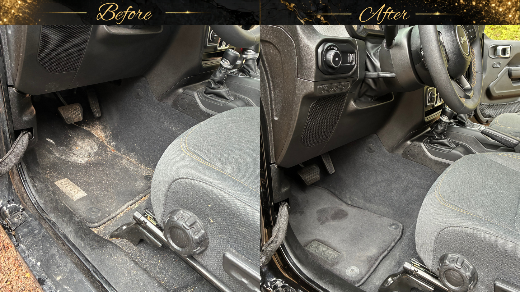 Comparison of a dirty and a clean vehicle interior floor mat from inside a Jeep, showing a before and after cleaning transformation.