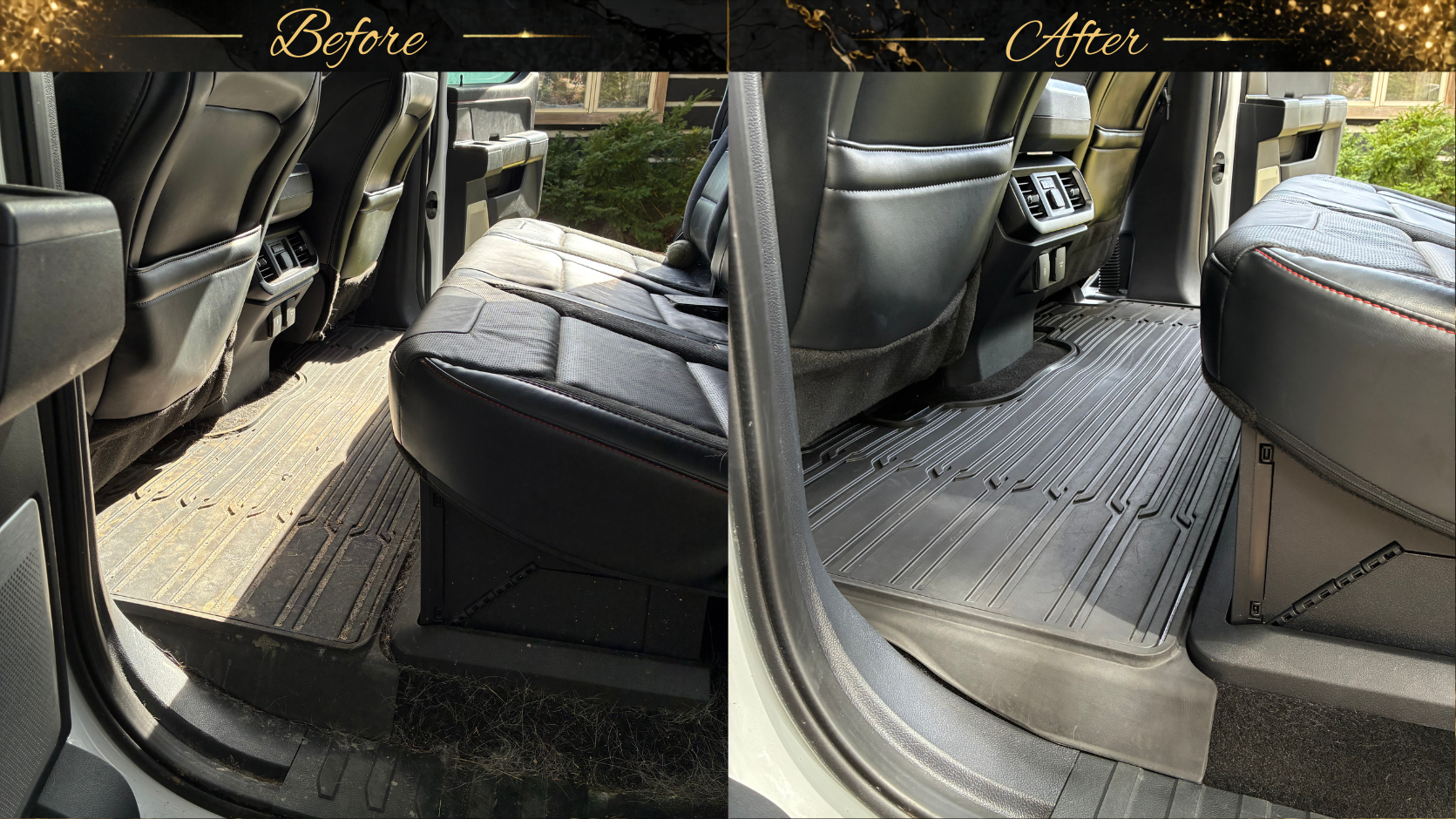 Comparison of car interior before and after cleaning, showing the back seat area with a focus on the floor mats and seat upholstery.