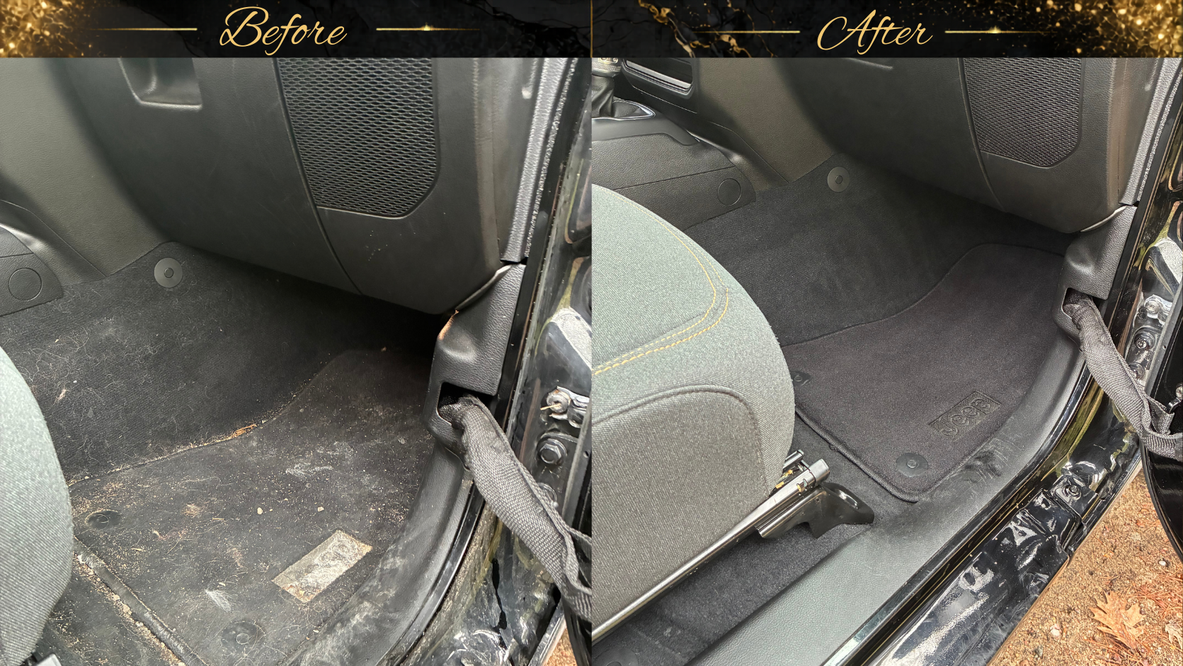 Comparison of the interior of a car's passenger side footwell before and after cleaning; the before side shows dirt and debris, while the after side is clean with a new floor mat.