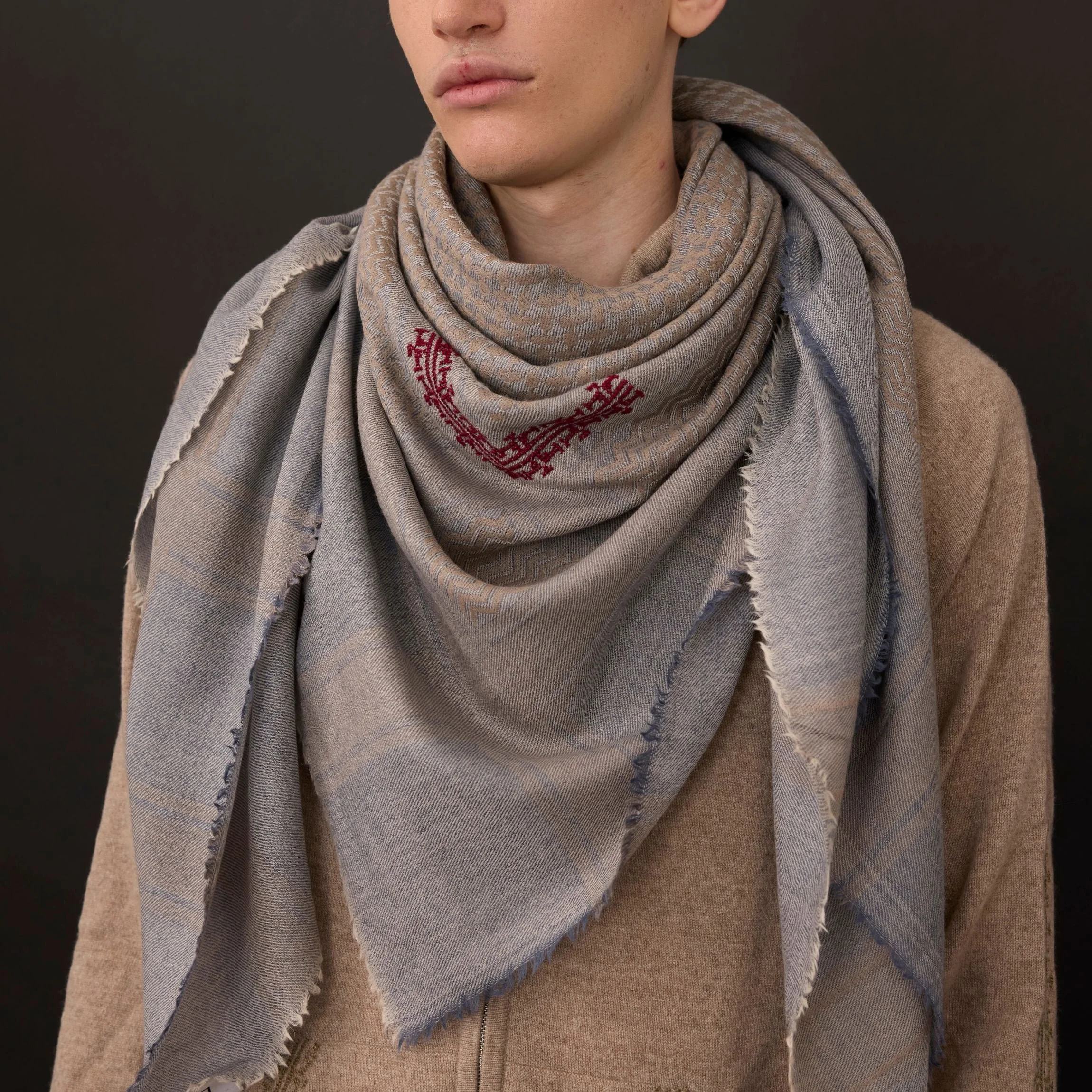 Gray Merino Wool & Silk Keffiyeh Shawl Ibrahim