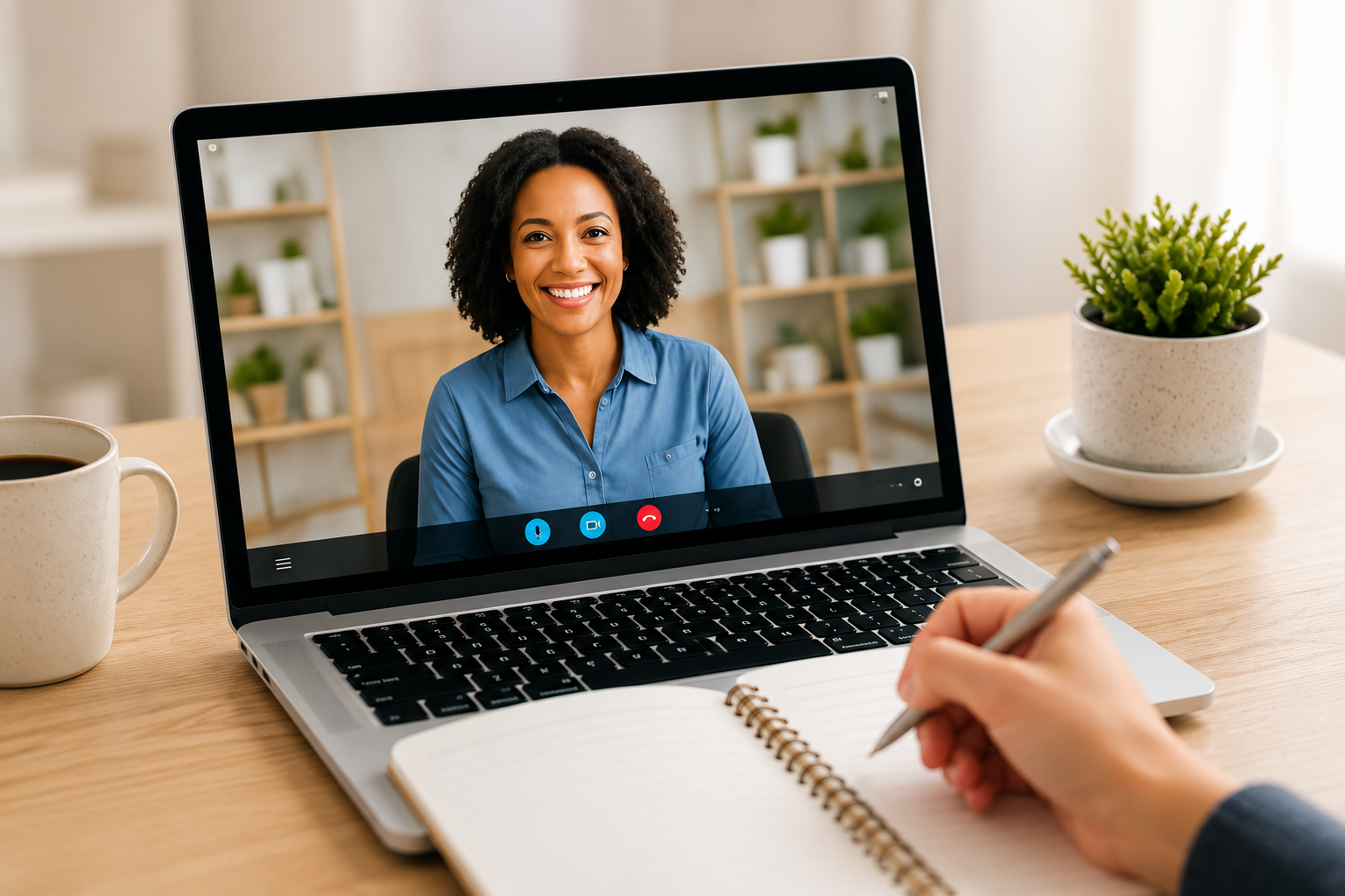 Person taking notes during a video call with a smiling woman on a laptop screen, coffee mug, and potted plant on a wooden table.