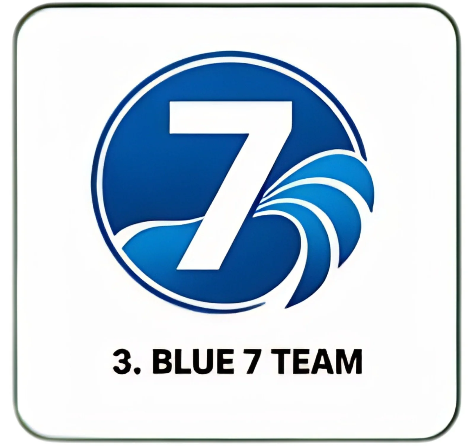 Logo of a blue circle with a white number 7 and wave design, with text '3. BLUE 7 TEAM' below.