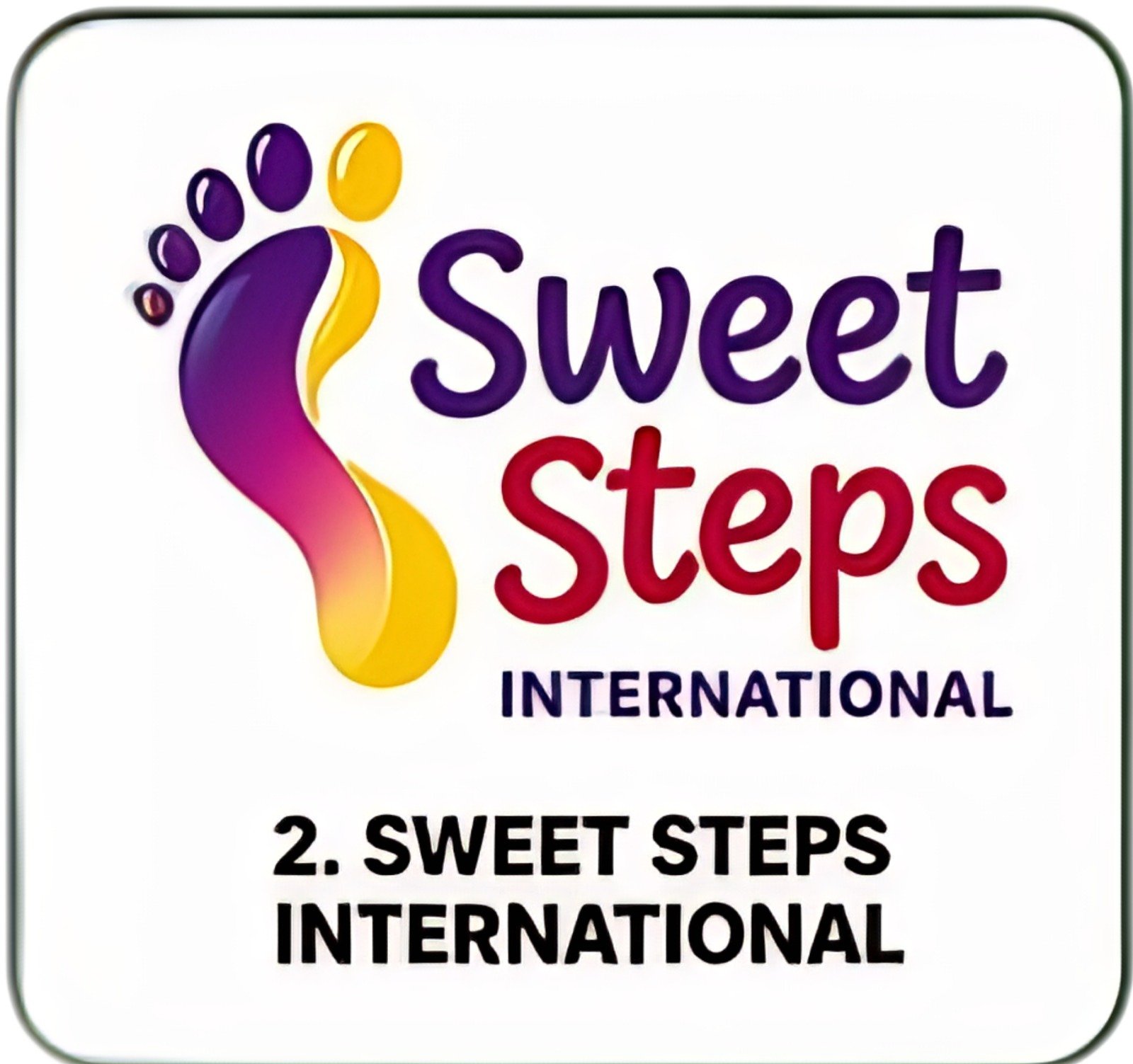 Colorful foot logo with text 'Sweet Steps International' and '2. Sweet Steps International' below.